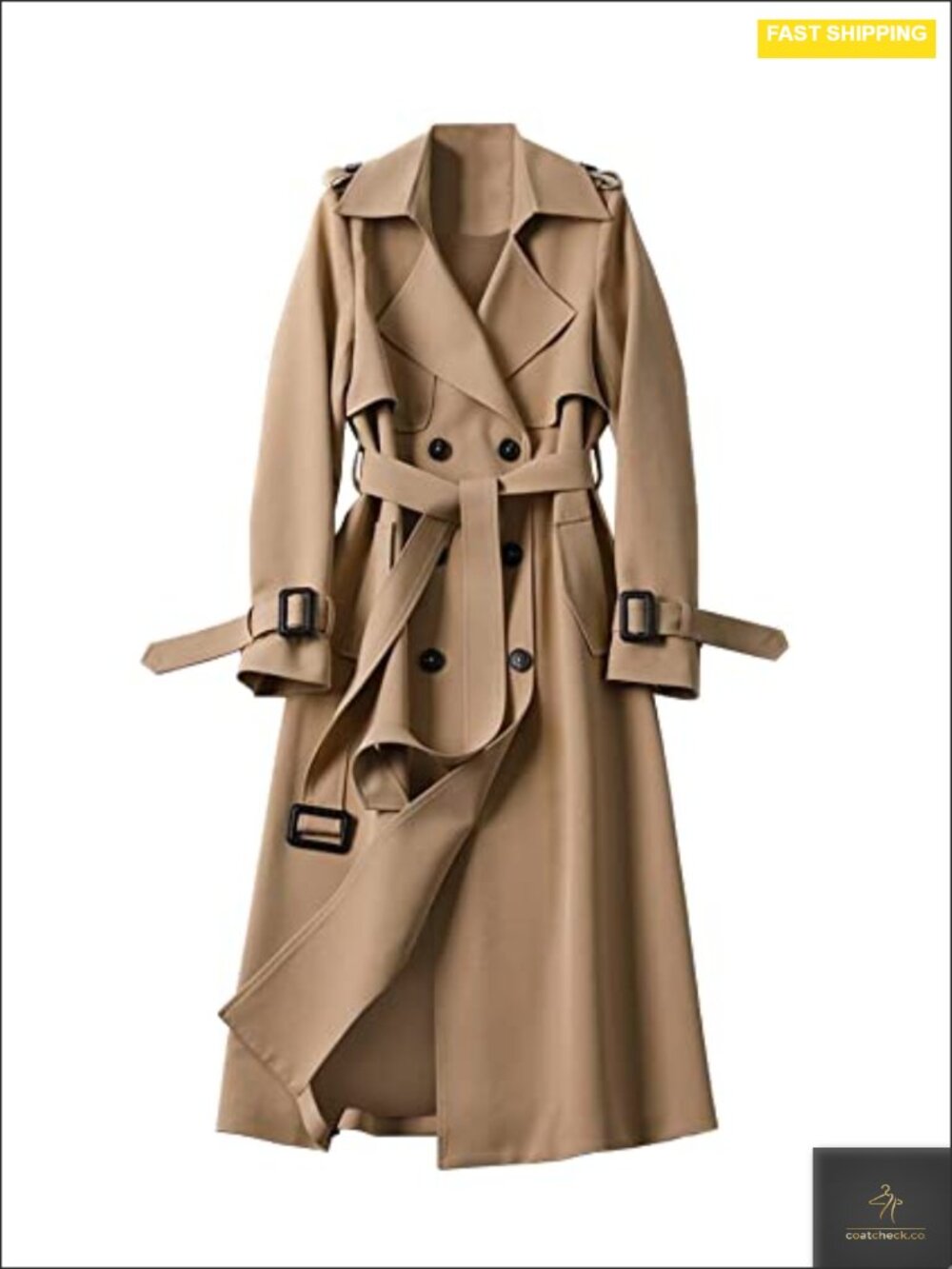Women's Double Breasted Long Trench Coat Belted Notch Lapel Windproof Overcoat
